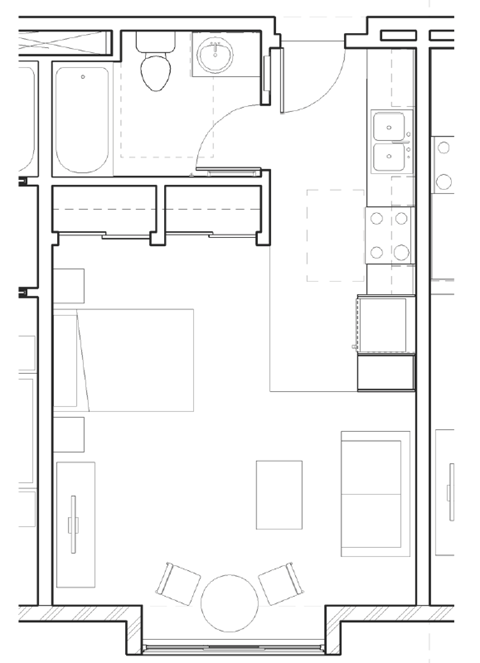 Floor plan for studio, 1 bath, 387 sqft